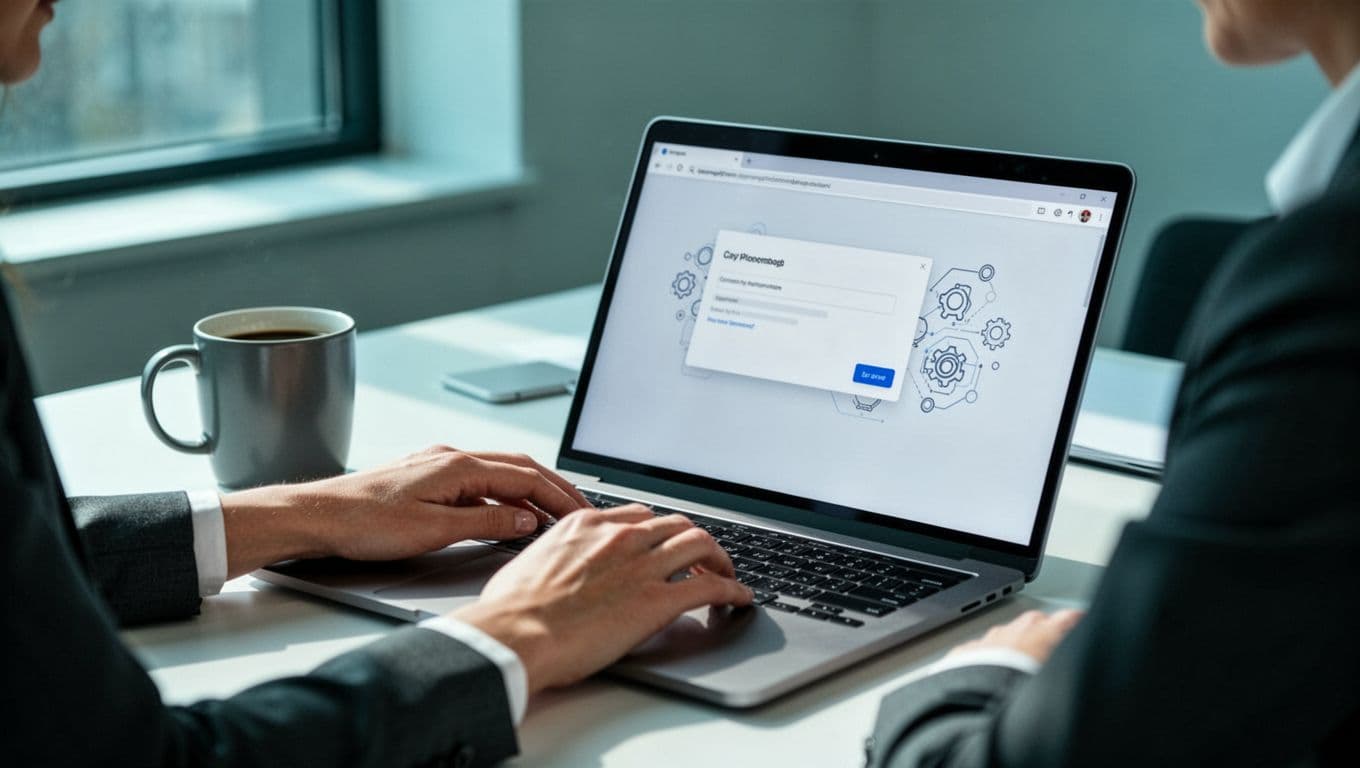 Close-up of recruiter typing on laptop showing email interface with templates, automation icons, and coffee mug on desk.