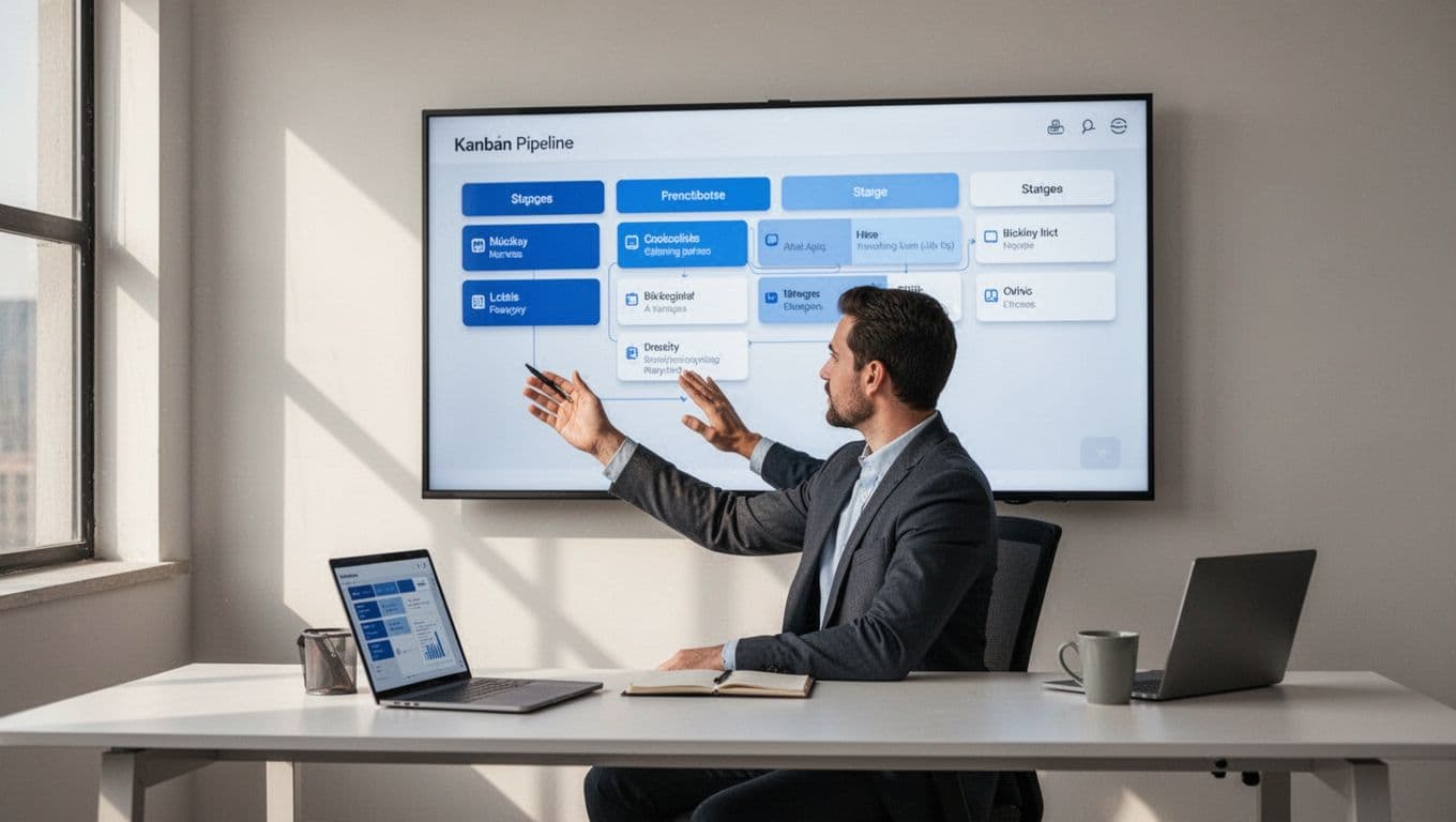 Focused recruiter at clean desk with laptop and coffee mug views large screen Kanban board showing headhunting pipeline stages.