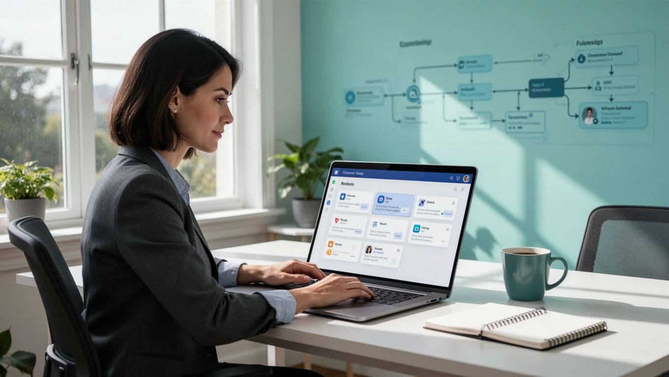 Recruiter seated at desk in bright home office with laptop showing Recruit CRM remote tools interface.
