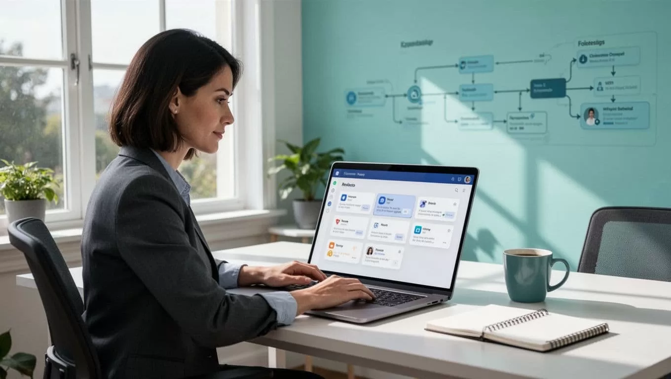 Recruiter seated at desk in bright home office with laptop showing Recruit CRM remote tools interface.