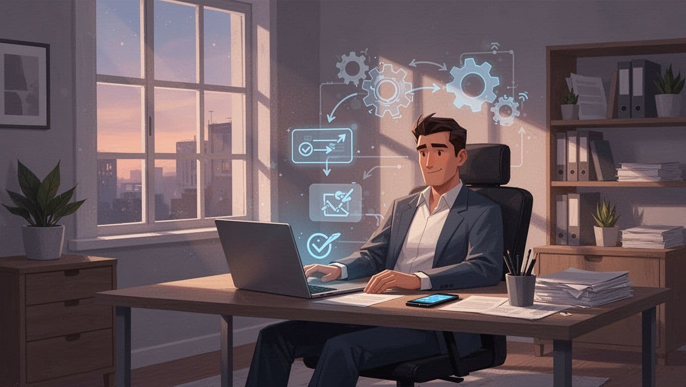 Recruiter in home office relaxes at desk with laptop and phone, subtle gears and arrows floating nearby.