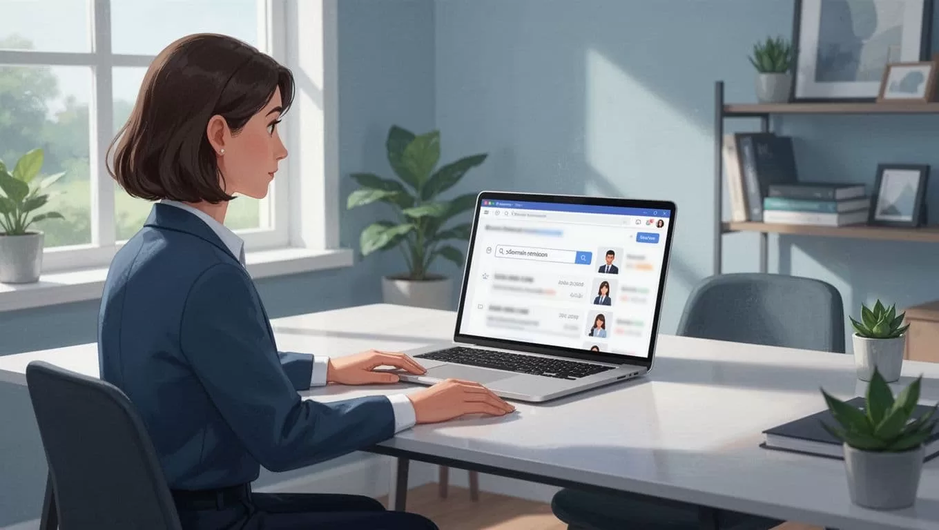 A recruiter relaxes at a modern home office desk with a laptop displaying the blurred Hunter.io interface showing domain search results and company employee list icons. This clean, illustrative style features cool blue and green tones with natural lighting and strong composition.