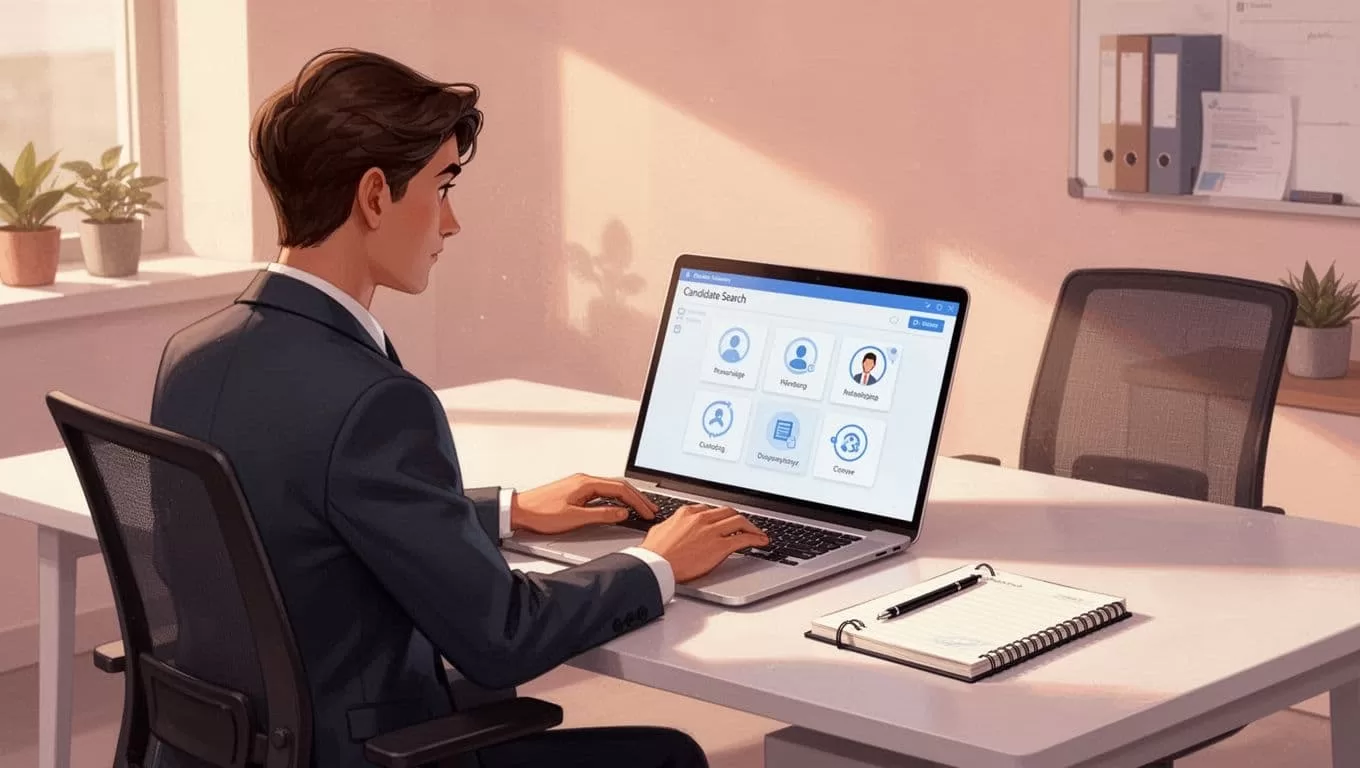A recruiter focused on a laptop using the Hunter.io Email Finder tool, entering a candidate's name and company, with result icons on screen, in a modern professional office setting with desk and notebook.
