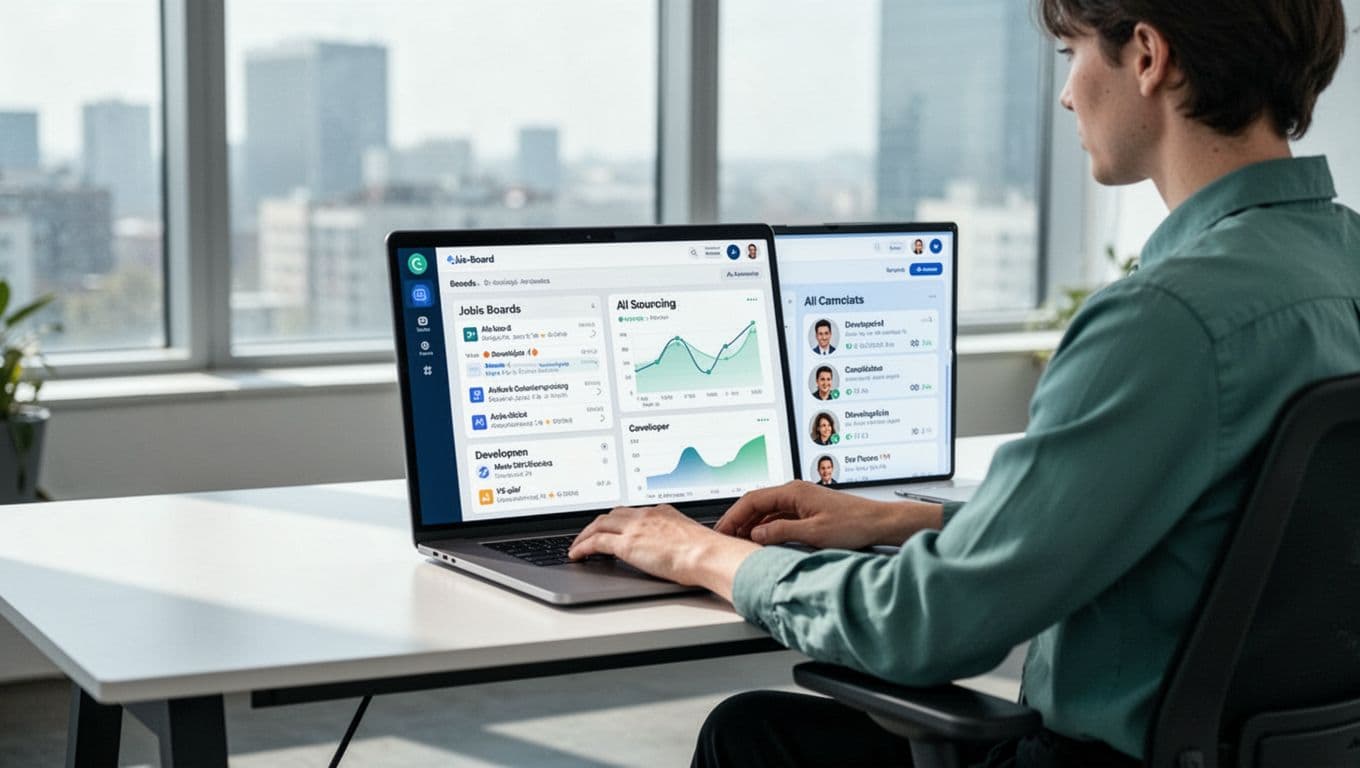 Recruiter at modern desk with laptop showing Recruit CRM dashboard integrated with job boards, AI tools, and IT candidate profiles.