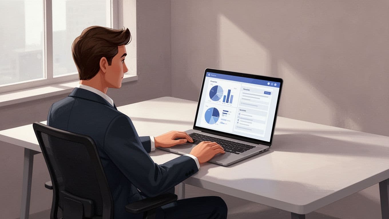 Recruiter sits relaxed at modern office desk with laptop open to abstract invoicing charts and forms.