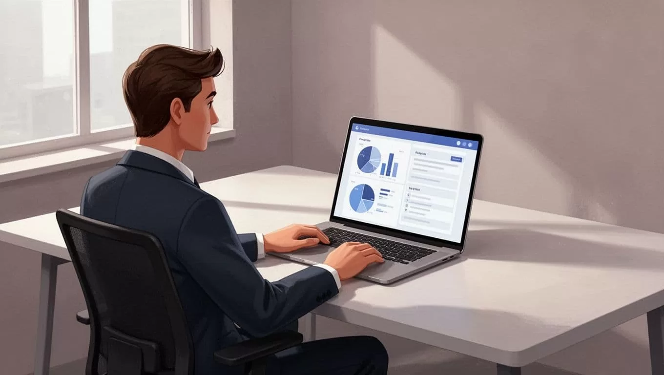 Recruiter sits relaxed at modern office desk with laptop open to abstract invoicing charts and forms.