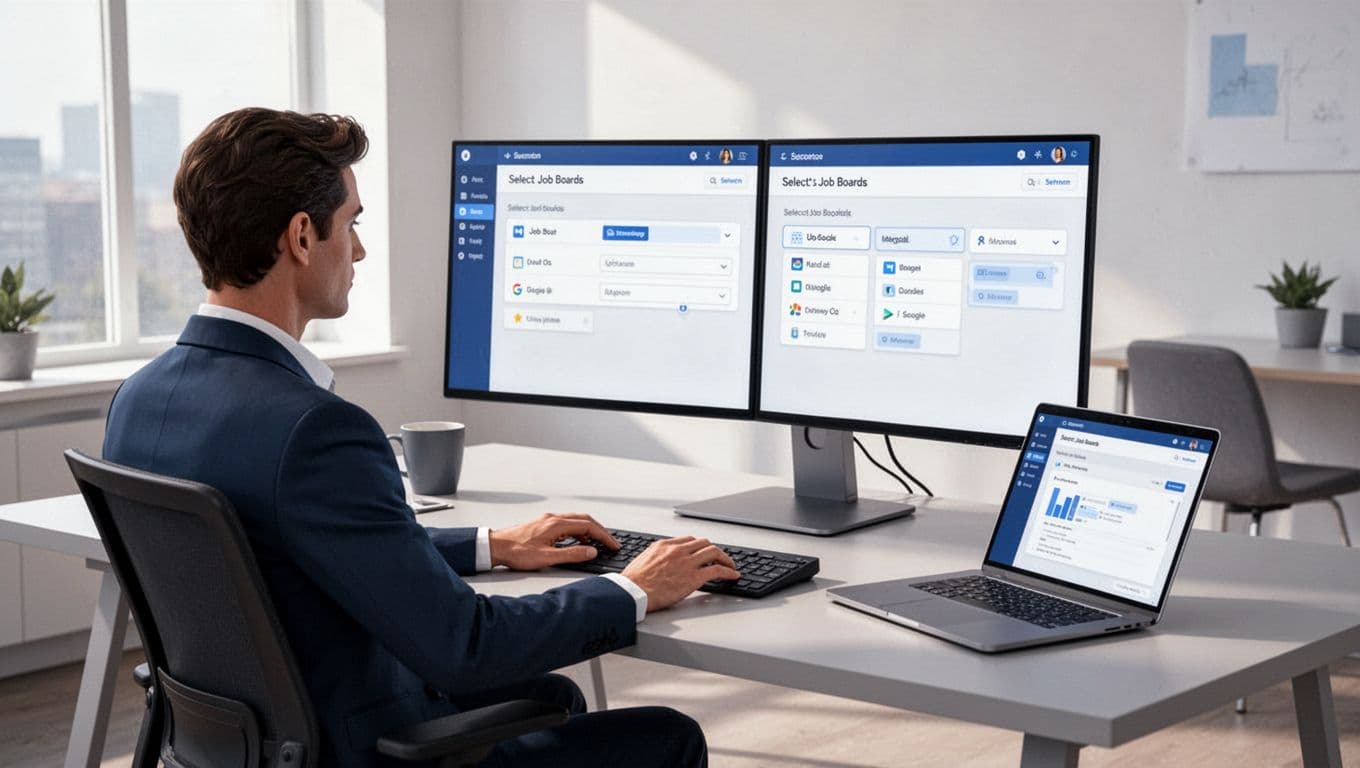 Recruiter at modern desk with dual monitors showing Recruit CRM dashboard for job board selection.