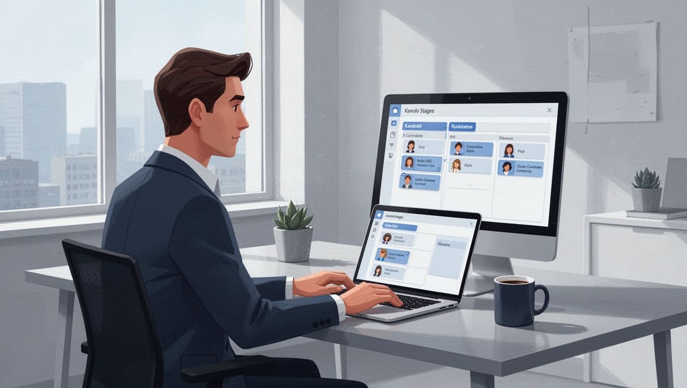 Recruiter at modern desk in bright office views computer screen showing Kanban board with Sourced, Screened, Placed stages.