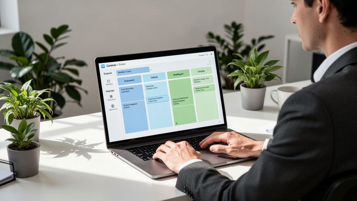 Recruiter at desk with laptop showing colorful Kanban board for candidate stages sourced interviewed offered.