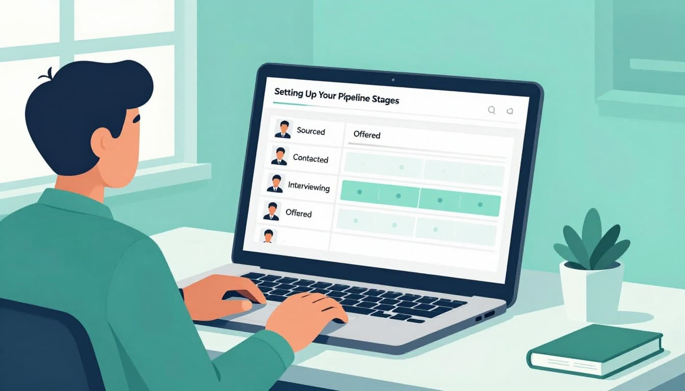 Modern illustration featuring a recruiter at a contemporary desk examining a laptop screen that displays a simple kanban board outlining candidate pipeline stages such as Sourced, Contacted, Interviewing, and Offered.