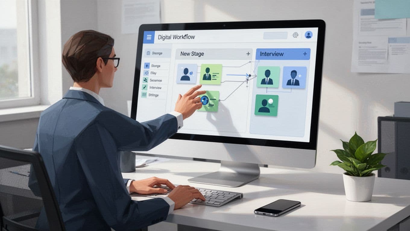 Modern illustration of a recruiter at a workspace managing a candidate pipeline on a Kanban board displayed on a computer screen, with digital cards transitioning from New Lead to Interview stages, accompanied by a phone and plant.