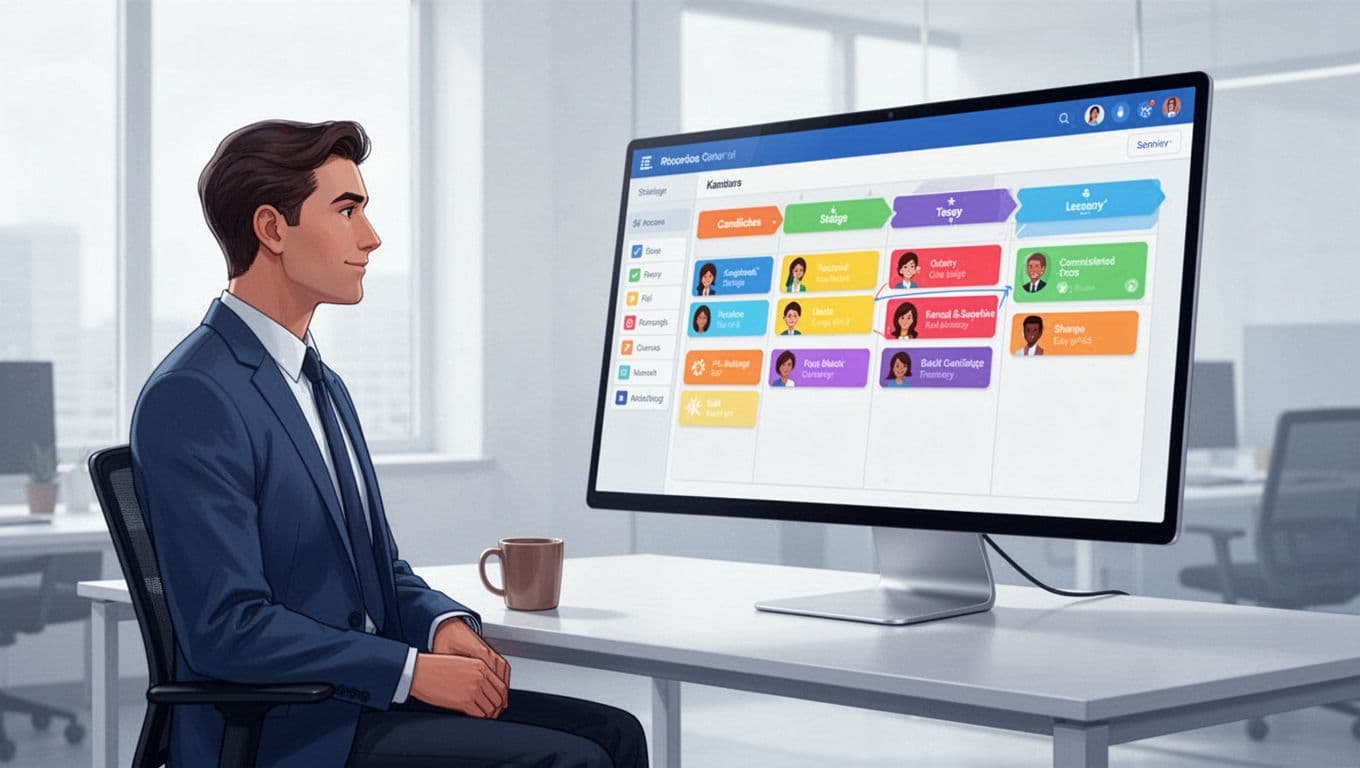 Modern side-angle illustration of a recruiter standing relaxed beside a desk with a large screen displaying a customizable Kanban board for Recruit CRM job orders, featuring stages like Sourced, Interview, Offer with colorful candidate cards and a nearby coffee mug.
