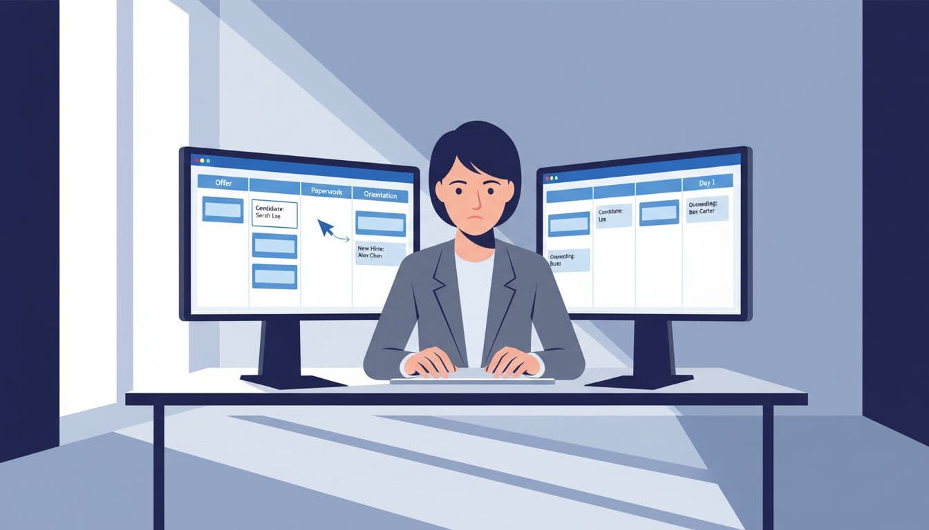 Recruiter at modern desk with dual monitors showing customizable Kanban pipeline stages as draggable cards.