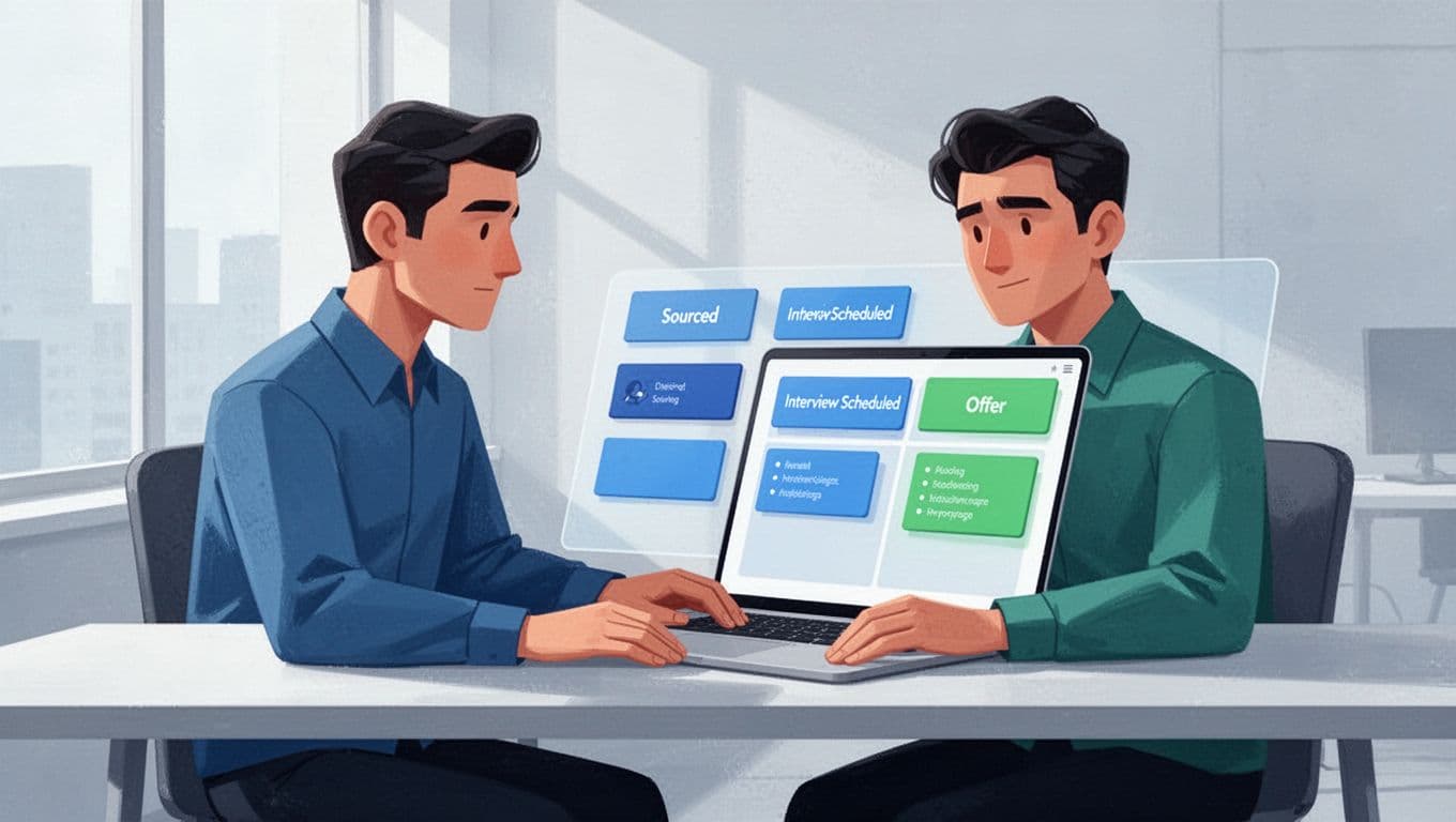 Solo recruiter at desk with laptop open to colorful Kanban board of recruitment stages.