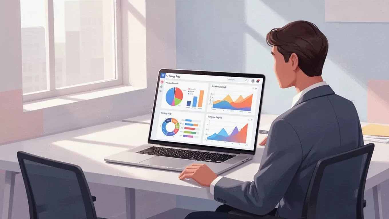 Recruiter examines laptop screen showing recruiting KPI charts in bright workspace.