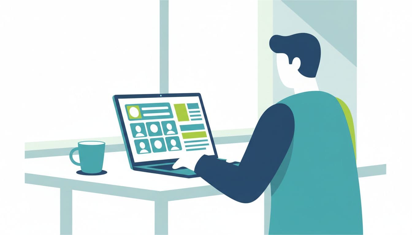 Recruiter at clean desk views laptop showing candidate profiles and job boards, coffee mug nearby, bright window light.