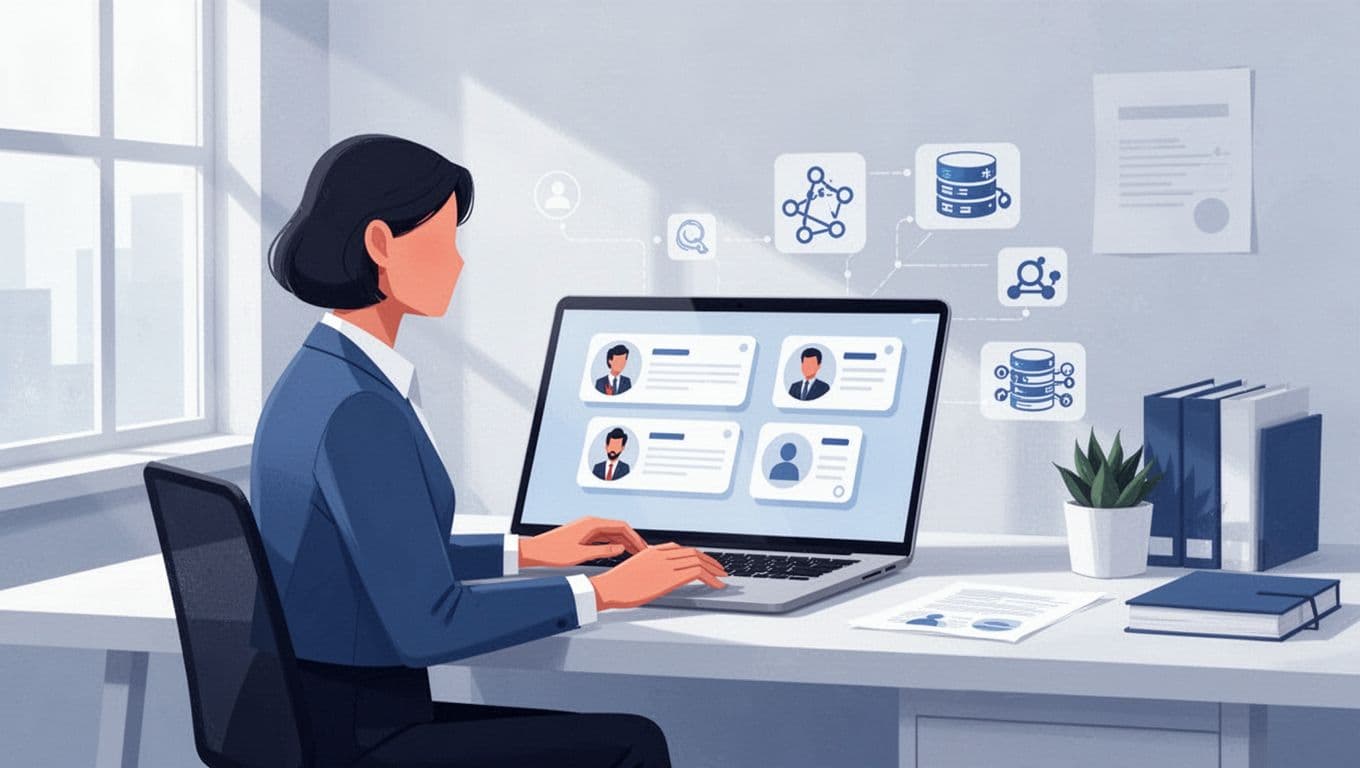 Recruiter at desk uses laptop showing candidate profiles emerging from search with subtle LinkedIn and database icons.