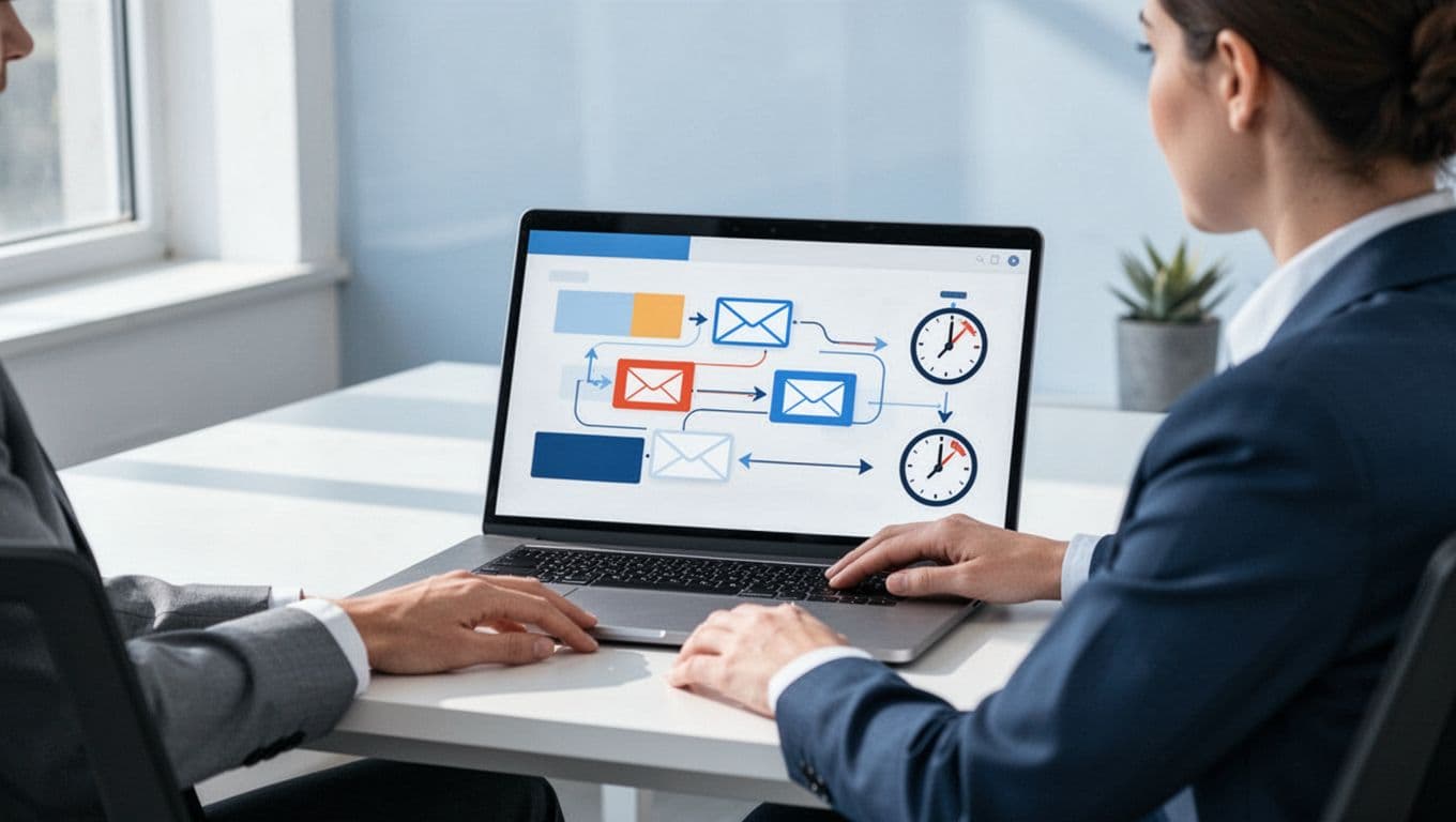 Modern illustration featuring a recruiter seated at a desk in a bright office, with a laptop displaying an abstract CRM dashboard showing an email sequence workflow connected by arrows and timers.