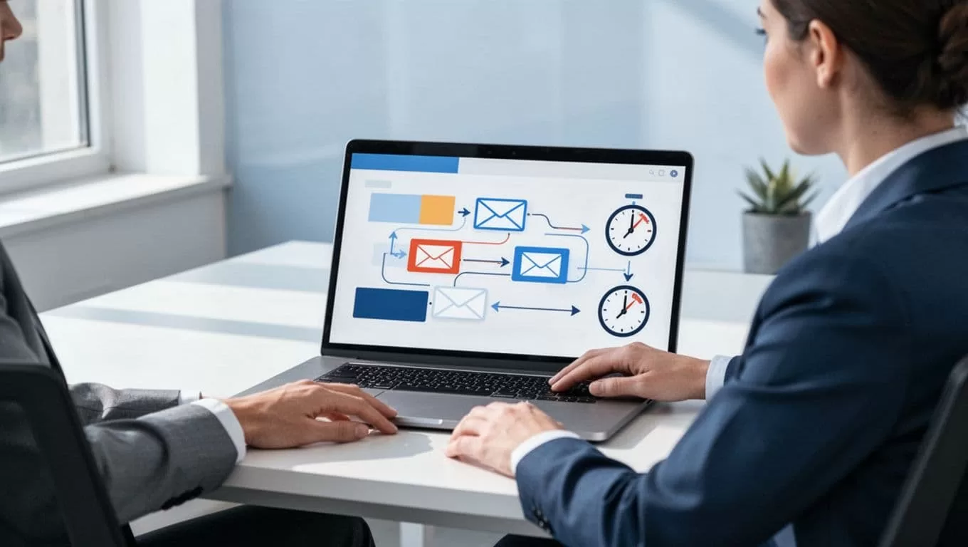 Modern illustration featuring a recruiter seated at a desk in a bright office, with a laptop displaying an abstract CRM dashboard showing an email sequence workflow connected by arrows and timers.