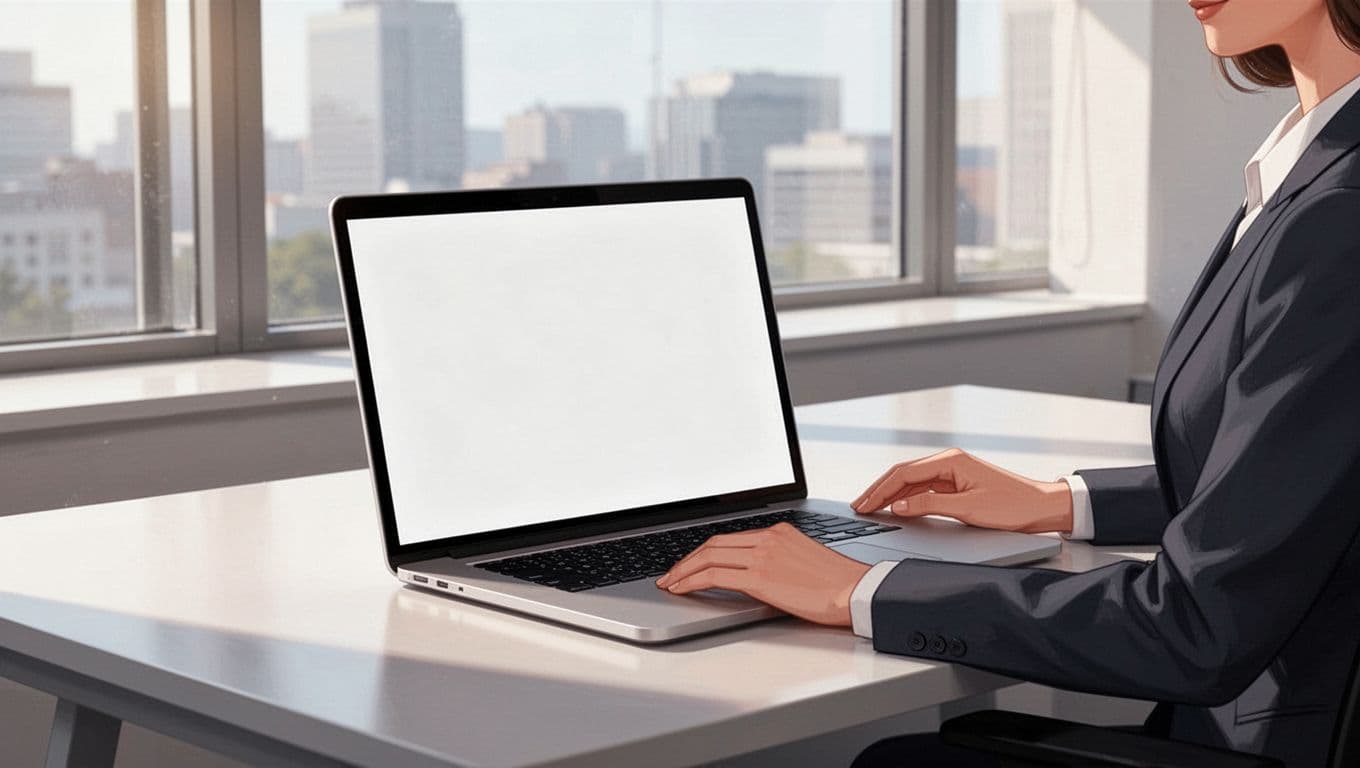 Recruiter sits at modern office desk with open laptop showing angled recruitment dashboard, natural window light.