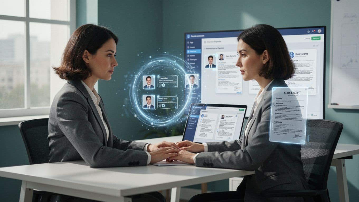 Recruiter at desk views laptop with secure lock over candidate profiles and nearby resume icons in clean office.