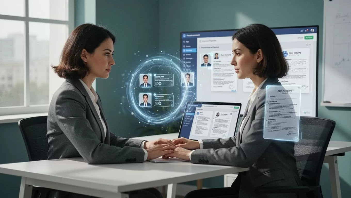 Recruiter at desk views laptop with secure lock over candidate profiles and nearby resume icons in clean office.