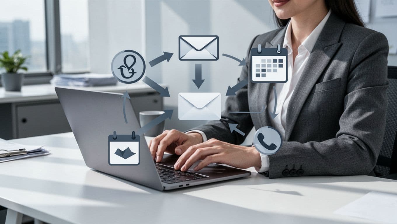 Recruiter at desk types on laptop with icons showing lead to email, calendar, phone arrows.