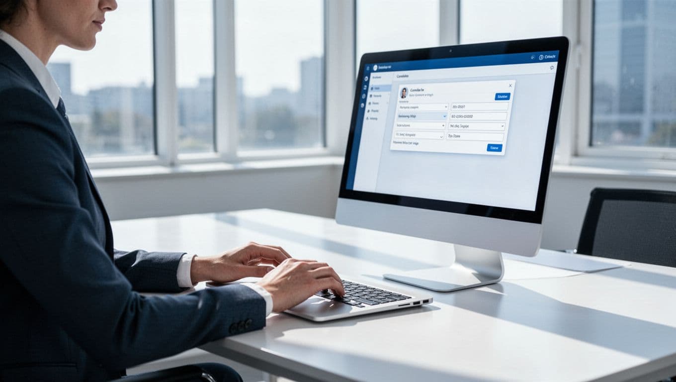 Recruiter at desk with laptop showing LinkedIn profile and Recruit CRM Chrome extension popup capturing candidate data.
