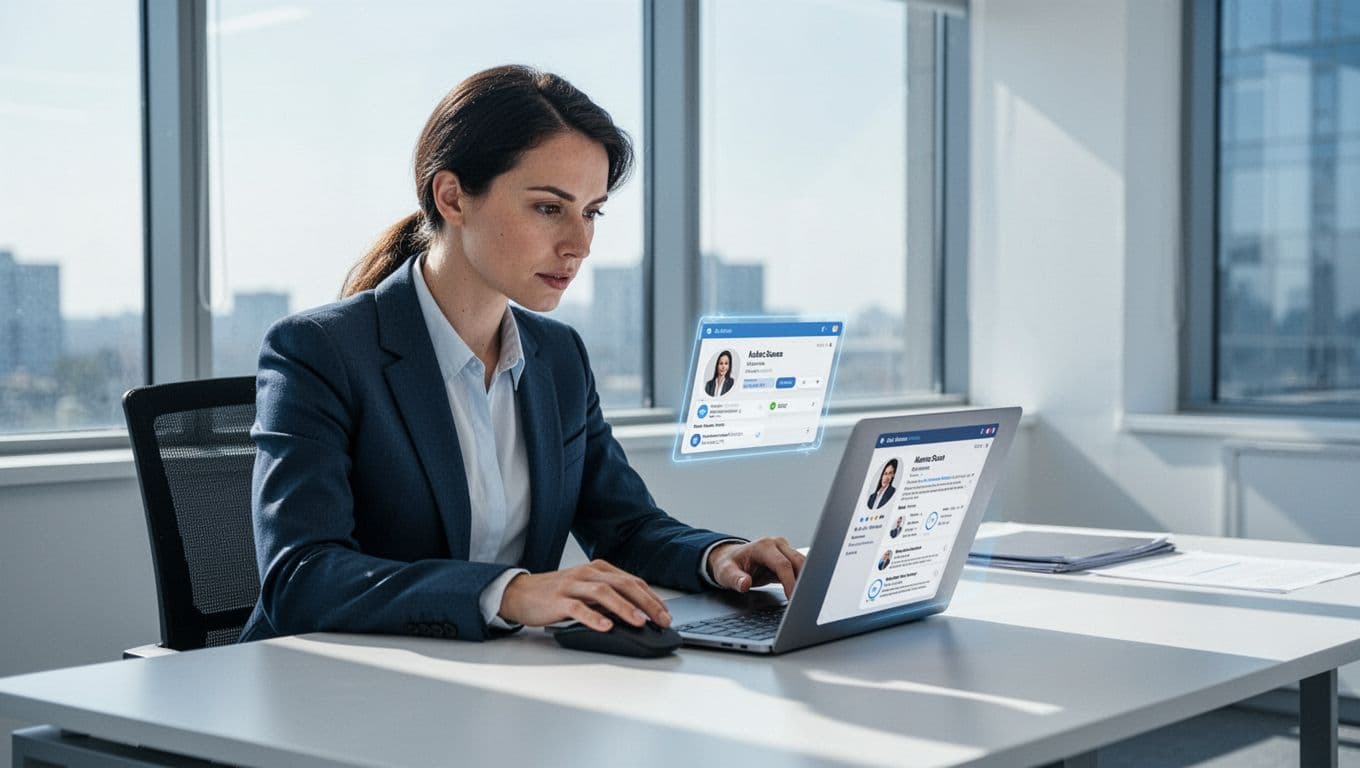 Recruiter at desk views LinkedIn profile on laptop with active Chrome extension popup, hand on mouse.
