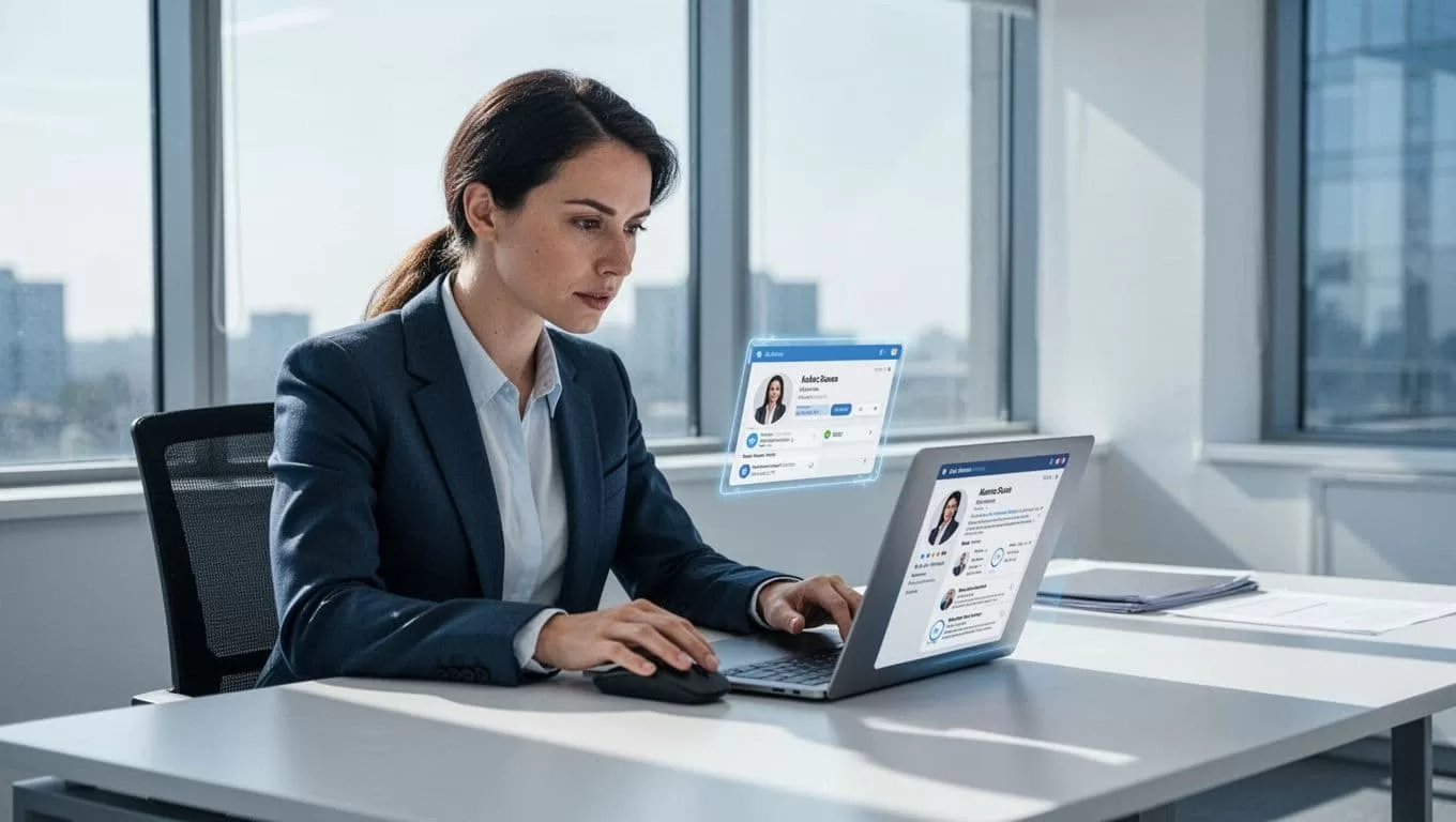 Recruiter at desk views LinkedIn profile on laptop with active Chrome extension popup, hand on mouse.