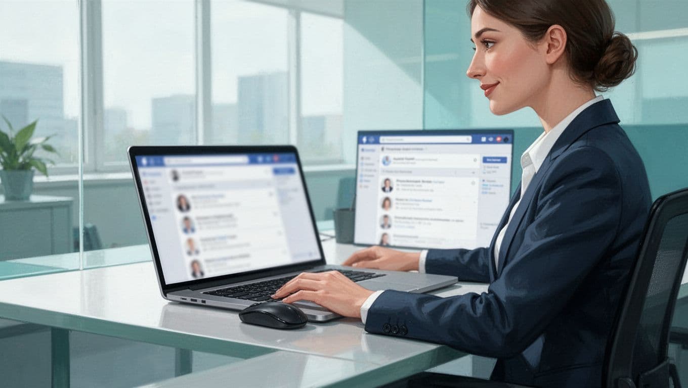 A single recruiter in a bright modern office, seated at a desk with a laptop open to blurred LinkedIn search results, hand on mouse, relaxed focused expression from side angle, modern illustration in blue-green palette.