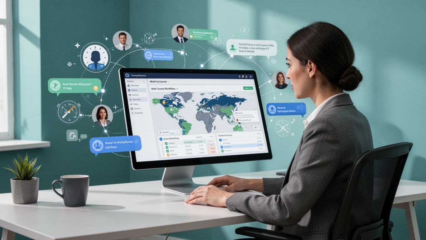 Recruiter at desk views angled software screen showing multi-country workflows and chat-connected team icons across time zones in home office.