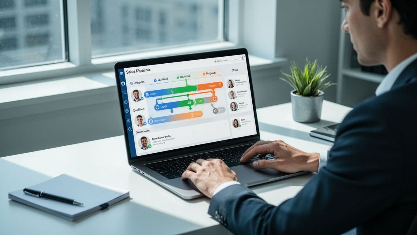 Recruiter at desk views computer screen showing sales pipeline with leads moving through prospect, qualified, proposal, close stages.