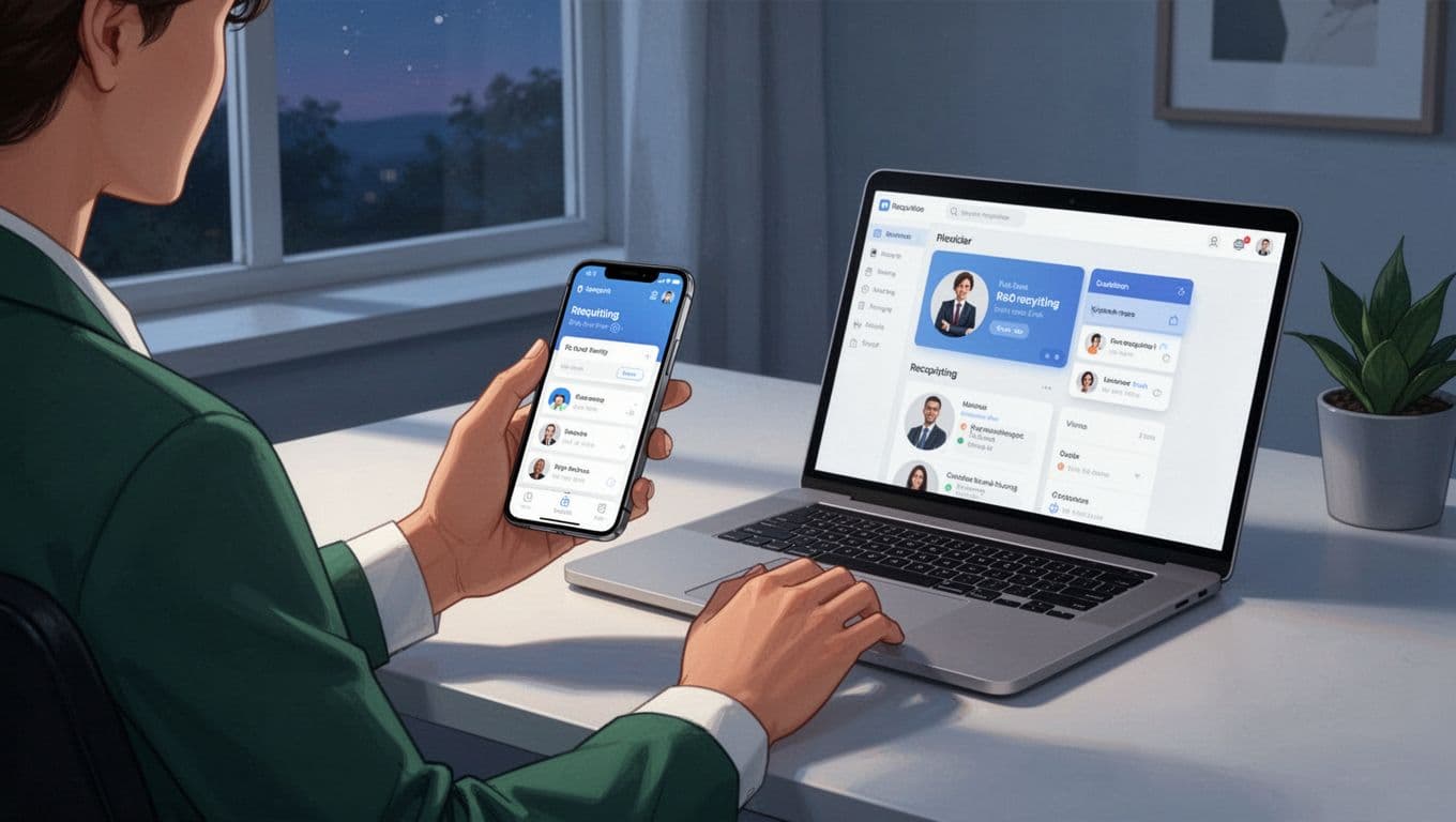 Solo recruiter in home office views mobile recruiting app on phone connected to laptop showing job board hints.