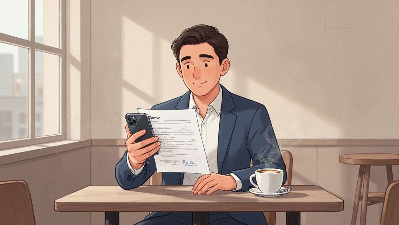 Recruiter in cafe holds mobile phone reviewing approved invoice, coffee cup nearby.