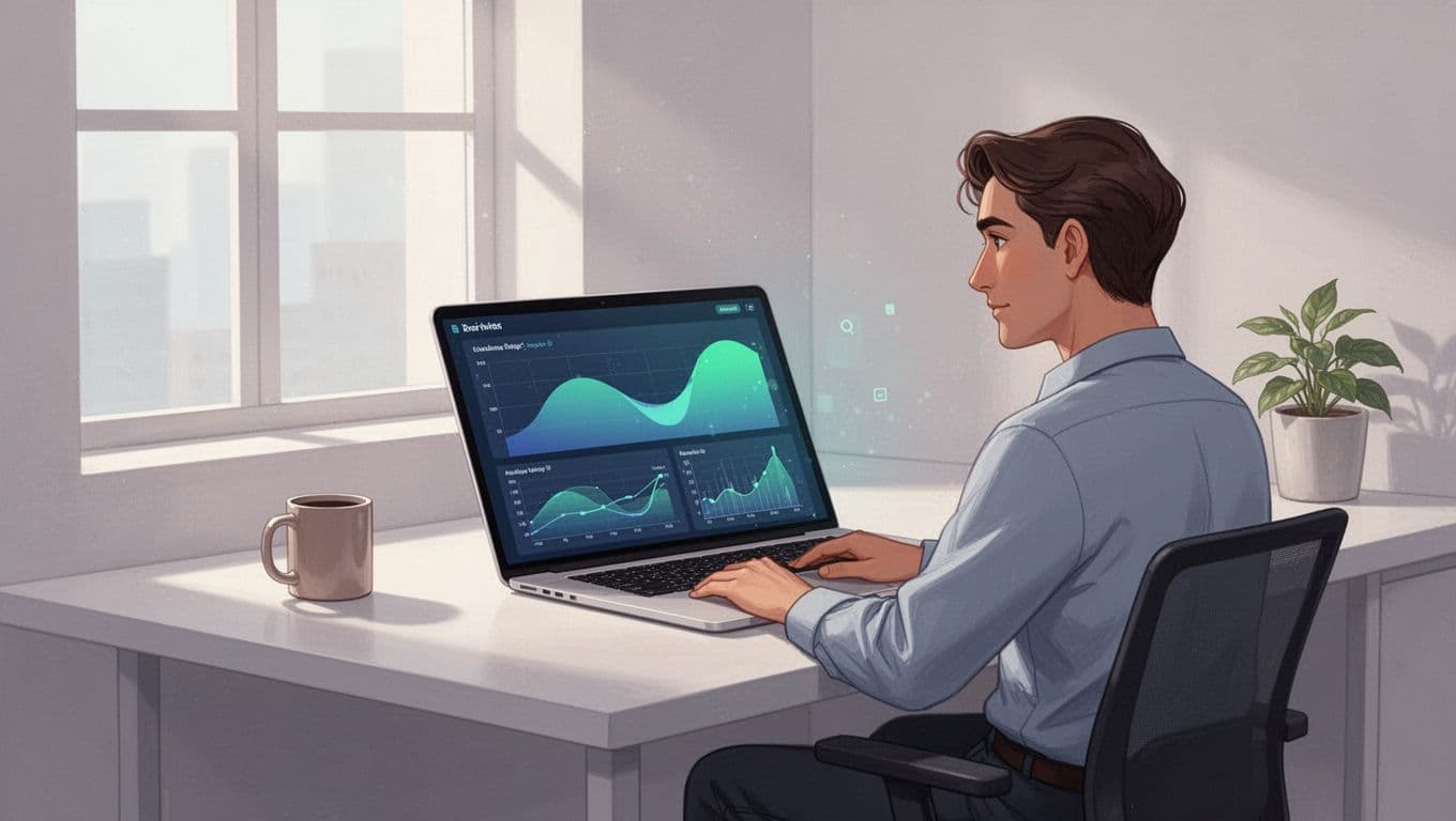 Recruiter at desk views CRM dashboard showing candidate submission statuses, with coffee mug nearby.