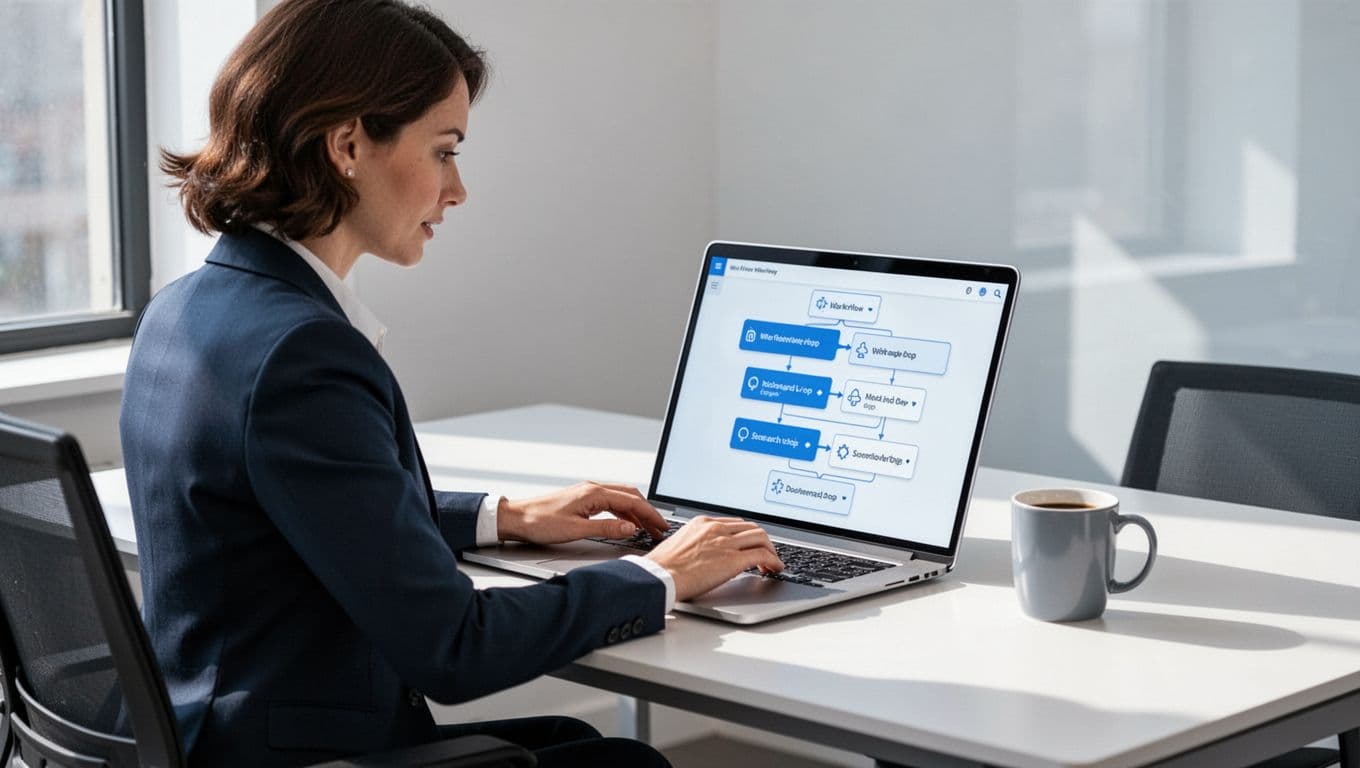 Recruiter at modern desk focuses on laptop screen showing drag-and-drop no-code workflow builder in bright office.