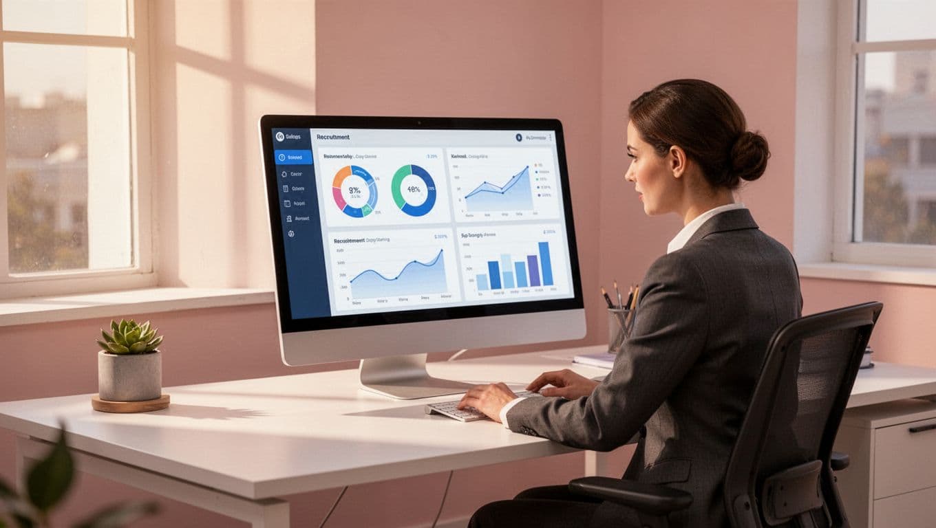 Recruiter at office desk views computer screen with recruitment dashboard charts for time-to-fill and placement rates.