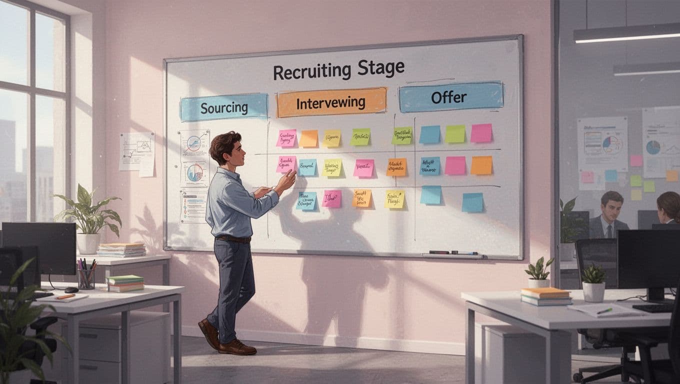 A recruiter in an agency office updates a colorful pipeline board with sticky notes for sourcing, interviewing, and offer stages.