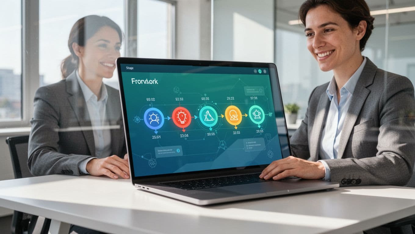 Recruiter at desk in bright office views laptop screen showing colorful pipeline stages with timestamps.
