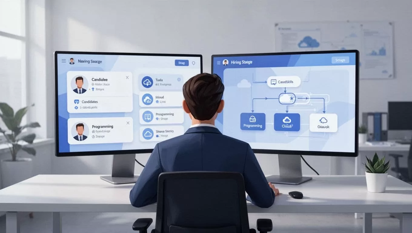 Recruiter at clean desk with dual monitors showing candidate profiles and workflow stages.
