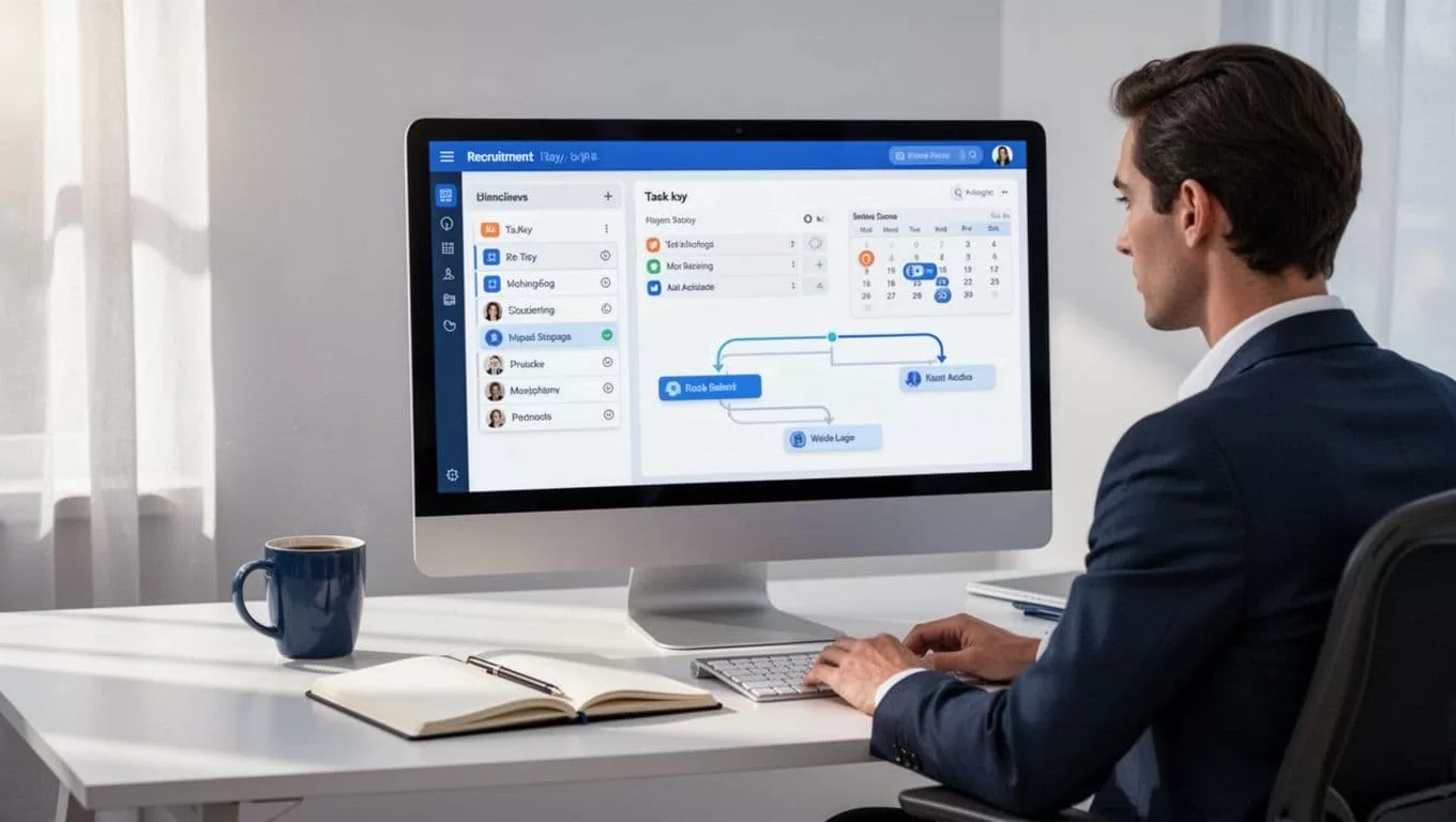 Recruiter at clean desk with computer screen showing Recruit CRM dashboard displaying tasks list, calendar, and candidate pipeline.