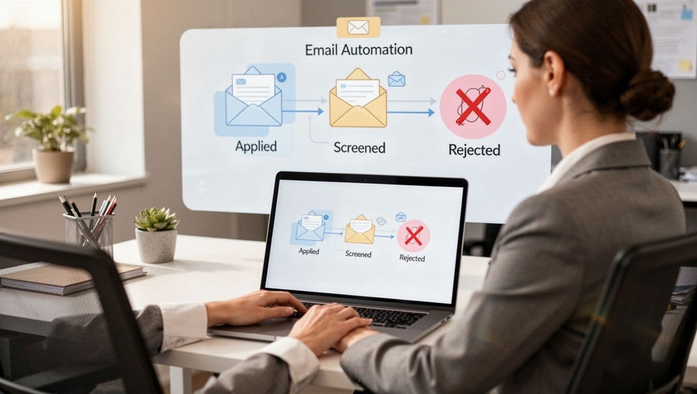 Recruiter at clean desk with laptop open to dashboard flowchart showing applied, screened, rejected stages and auto email icons.