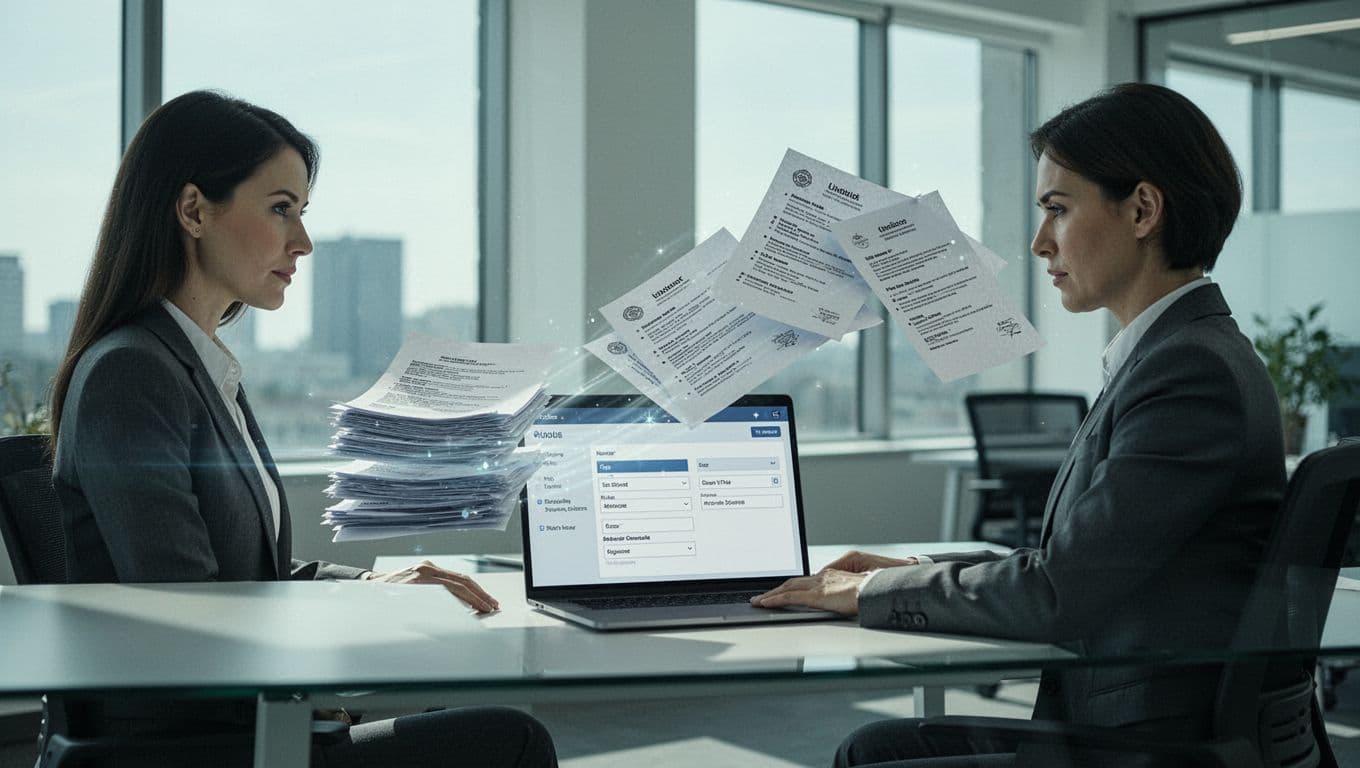 A recruiter sits at a modern desk in a bright office, uploading resumes into a laptop where data fields auto-fill with name, skills, and experience, illustrating time-saving automation.