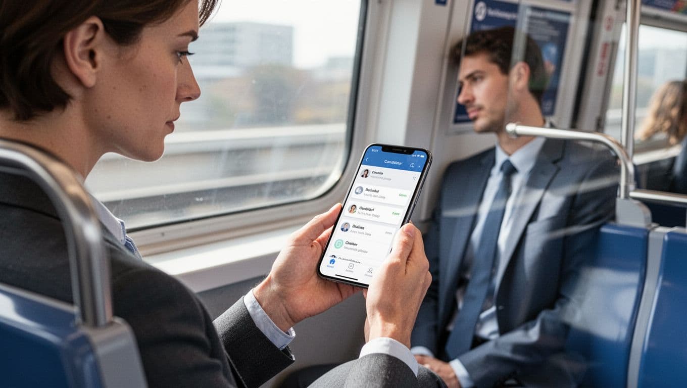 Recruiter in business casual views candidate profiles on smartphone screen in subway train.