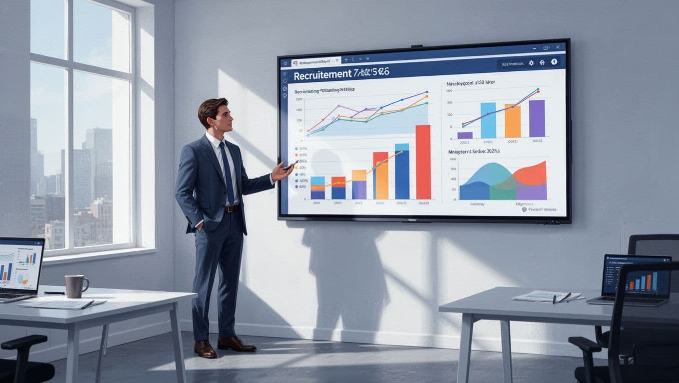 Recruiter stands beside office monitor displaying Recruit CRM dashboard with candidate pipeline charts, time saved metrics, and placement KPIs.