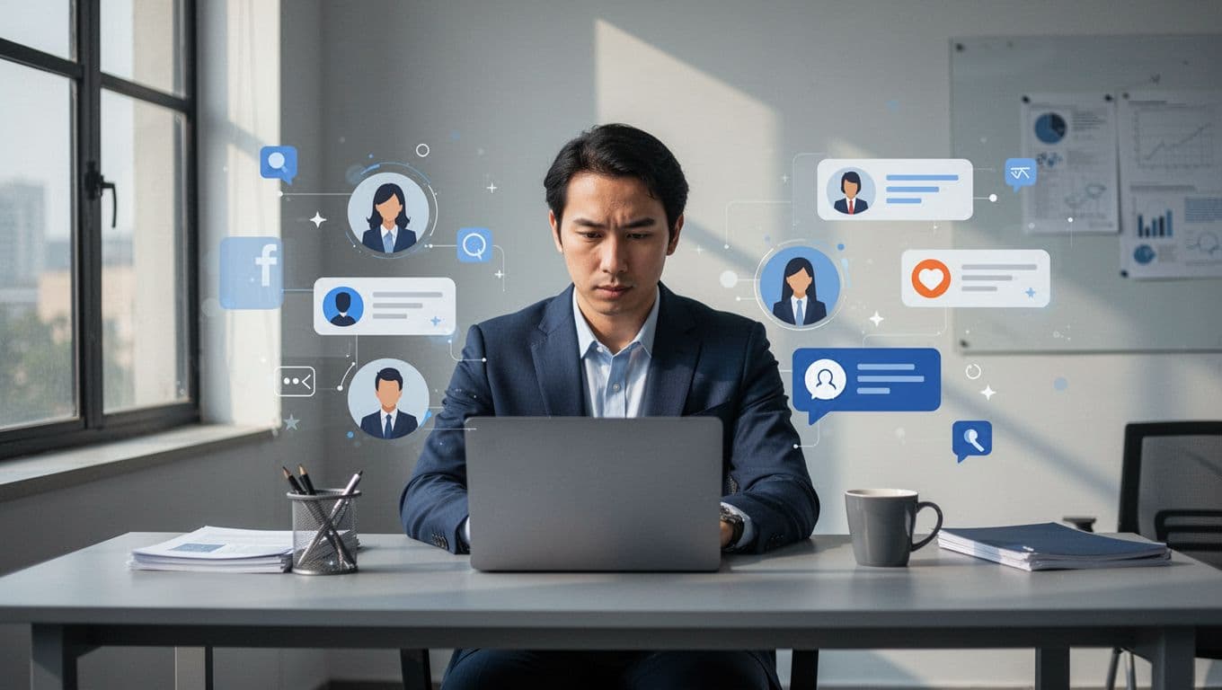 Recruiter at desk views client feedback notes on laptop screen with floating candidate profile and email icons.