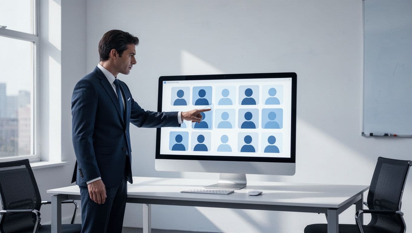 Recruiter stands by desk pointing at computer screen with filtered resume list in professional office.