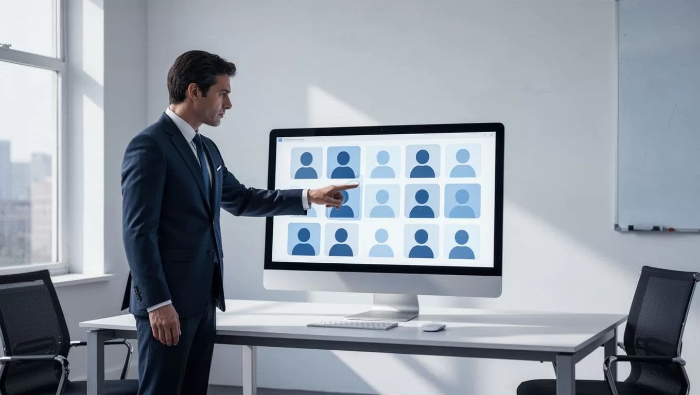 Recruiter stands by desk pointing at computer screen with filtered resume list in professional office.