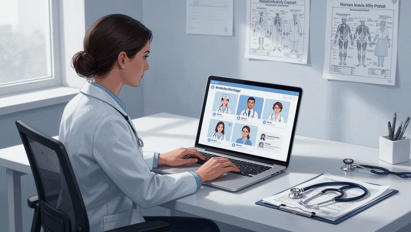 Recruiter at desk reviews digital profiles of nurses and doctors on laptop in clean office with medical charts and stethoscope.